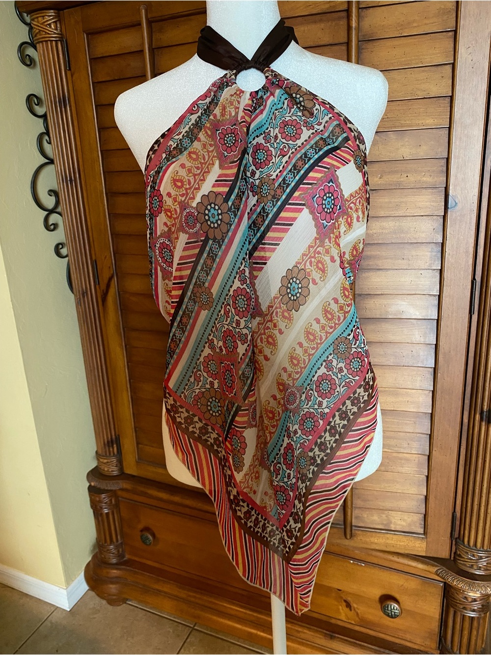 Boho Halter Scarf Top in Coral, Teal & Cream - Unbranded
